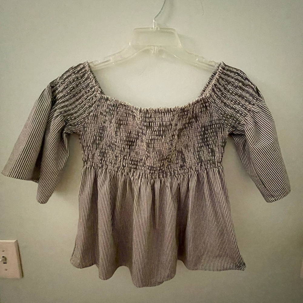Hollister M Gray and White Striped off the shoulder blouse